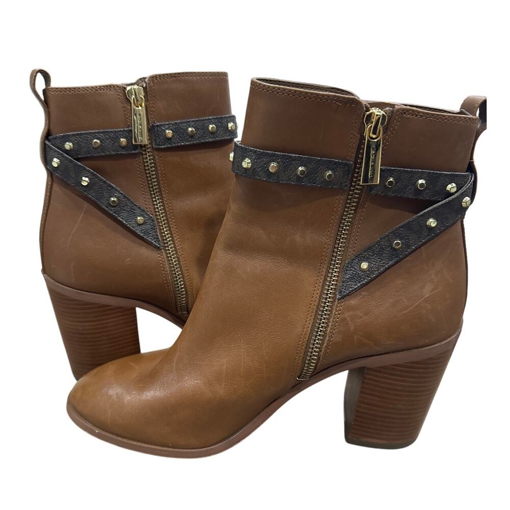 Michael Kors Brown Leather Ankle Boots MK Logo Heel Size 9 - Picture 4 of 8